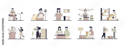 Unboxing illustrations set. Flat vector illustrations concept.