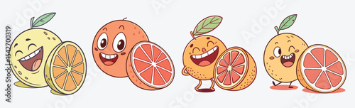 Cheerful cartoon citrus fruits with happy faces and sliced halves, perfect for children's designs, healthy lifestyle themes.