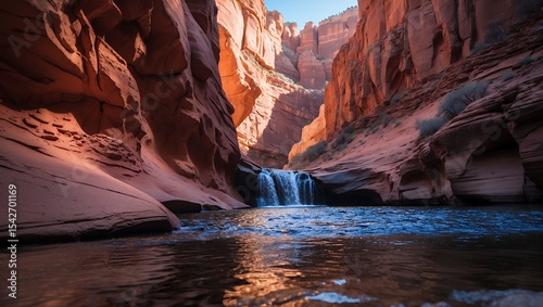 Waterfall Flowing into Desert Canyon with Red Rock Formations