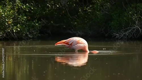 Flamingo foraging in tranquil waters surrounded by lush greenery, showcasing nature's beauty