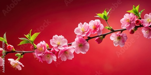 Delicate Pink Blossoms on a Branch Against a Vibrant Red Background, a Symbol of Springtime Renewal and Natural Beauty