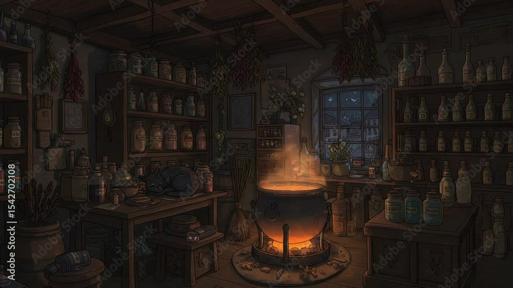Cozy potion brewing in a rustic apothecary shop
