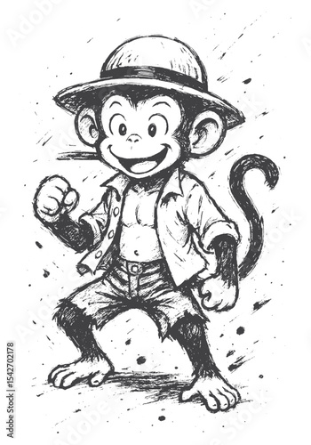 Cheerful cartoon monkey in straw hat and open shirt, ready to adventure.