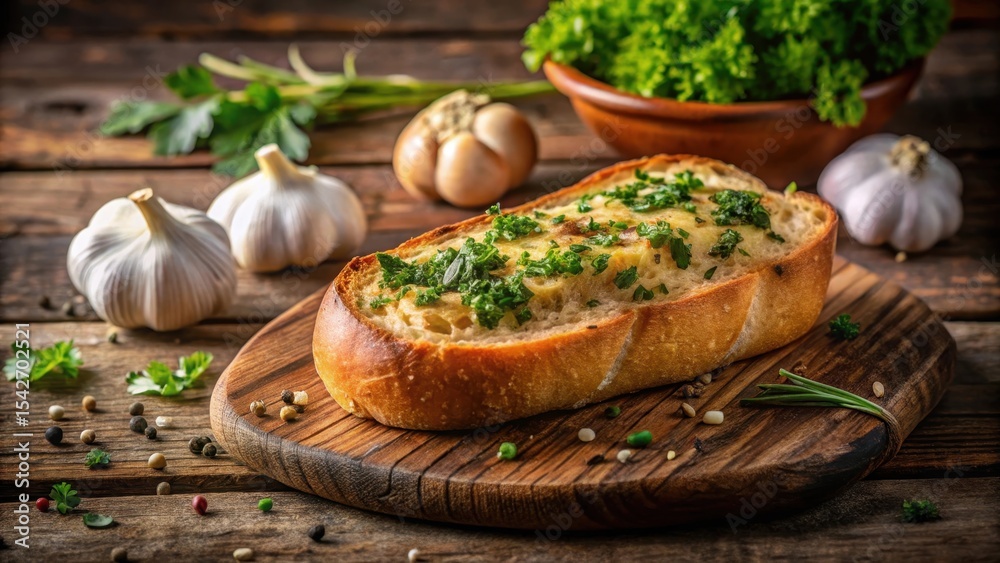 Garlic herb bread, rustic wooden board, fresh herbs, cloves of garlic, peppercorns Garlic herb bread, rustic wooden board, fresh herbs, cloves of garlic, peppercorns