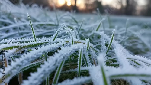 Frost-covered grass blades glisten in the early morning light, showcasing nature's beauty at dawn