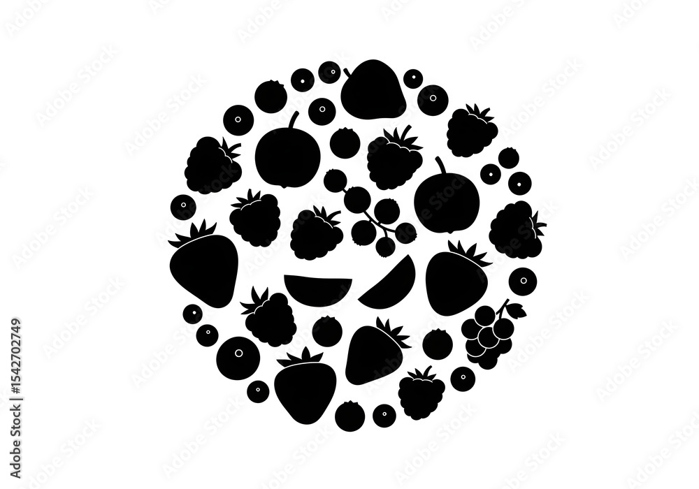 Fototapeta premium Mixed Berries Silhouette Circle Composition | Vector Design for Food Packaging, Healthy Eating Campaigns and Summer Graphics
