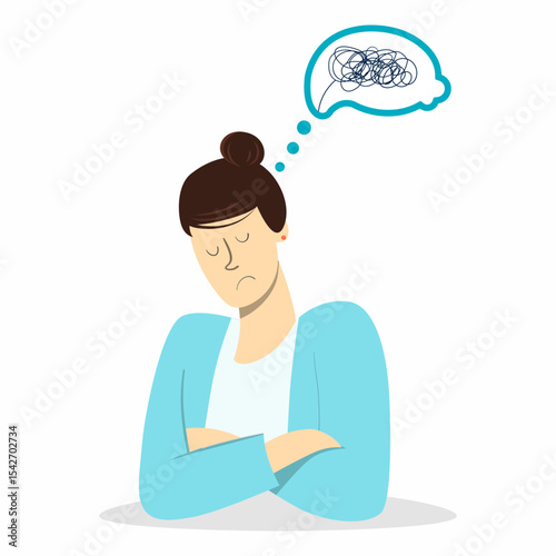 A woman who is sad and has her arms crossed because of the many problems on her mind. Depression people concept. 
