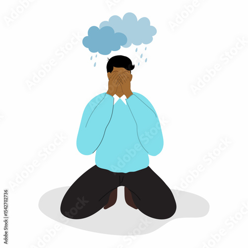 A Man Kneeling and Covering Face in Sadness and Depression.