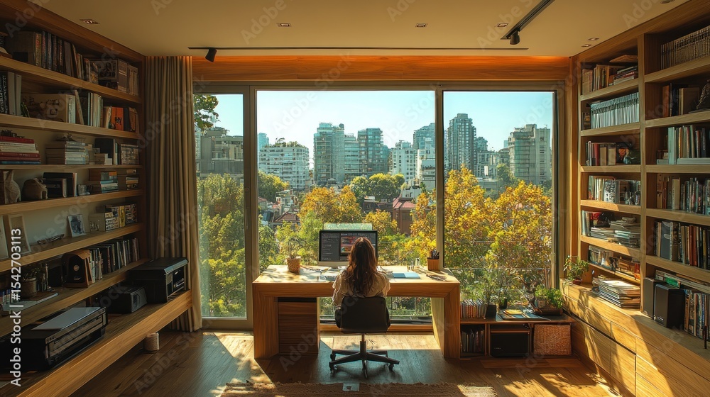 Fototapeta premium Serene Home Office with City View