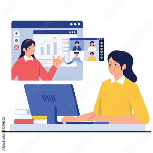 Online Video Conference Illustation. Vector illustration of A woman attending an online meeting with charts and speaker on screen. Isolated on background