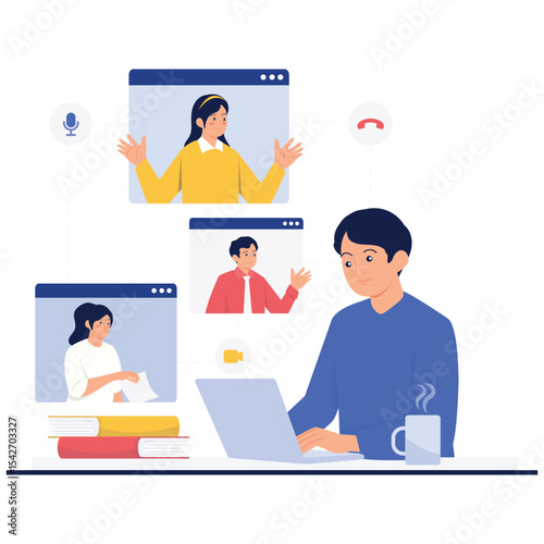 Online Video Conference Illustation. Vector illustration of A man joining a virtual team video call using his laptop. Isolated on background