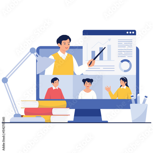 Online Video Conference Illustation. Vector illustration of Online meeting with a presenter showing graphs and charts to participants. Isolated on background