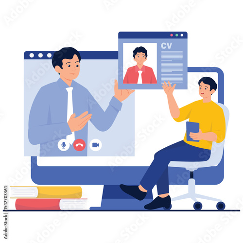Online Video Conference Illustation. Vector illustration of A man attending an online job interview and presenting his resume. Isolated on background