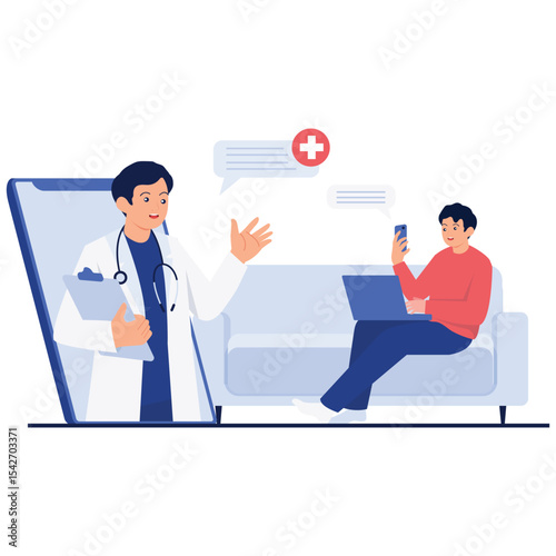 Online Video Conference Illustation. Vector illustration of A man consulting with a doctor through a virtual video call. Isolated on background