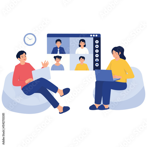 Online Video Conference Illustation. Vector illustration of Two people in a cozy setting attending a virtual meeting on a large screen. Isolated on background
