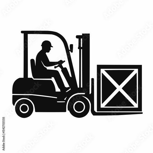 
Forklift truck, Loader, Lift truck, Fork hoist, Cargo industrial truck, Warehouse forklift with Driver carrying cargo container - cut out vector silhouette icon