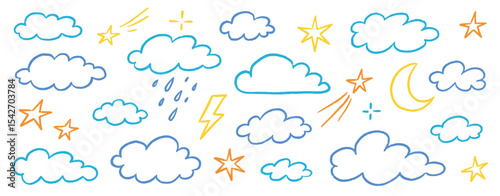 Crayon hand drawn pencil cloud element set. Hand drawn pastel crayon pencil stroke star, cloud, sun elements. Cute baby color sky elements school background with chalk texture. Vector illustration