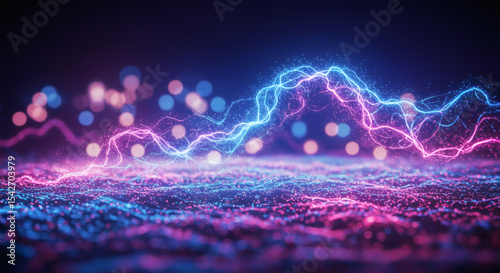 Abstract Energy Flow Neon Pink Blue Lightning Bolts on Glowing Particle Background