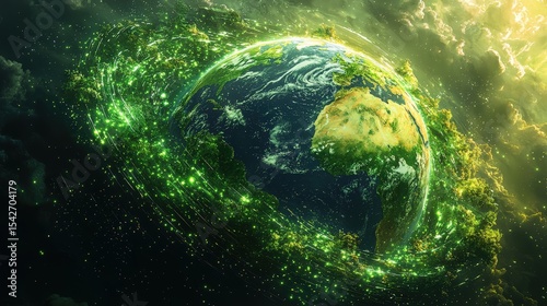 A digital globe with AI-powered data streams flowing around it. The network links global innovation.