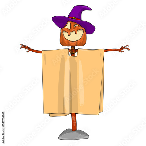 Halloween Scarecrow Lantern Jack pumpkin funny and cute. One of the symbols of the autumn holiday. Vector illustration.