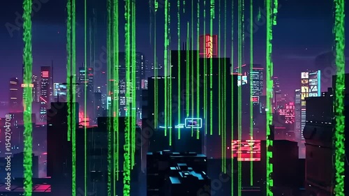 Futuristic cityscape with neon lights and digital rain, showcasing a vibrant urban nightlife scene