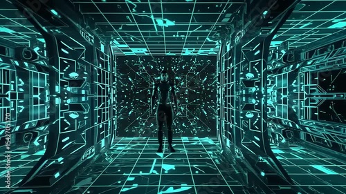 Futuristic digital corridor with glowing patterns and a lone figure standing amidst technology