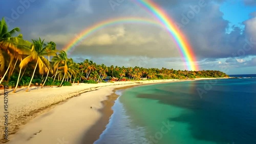 A picturesque beach scene featuring a vibrant rainbow over a tranquil ocean with palm trees