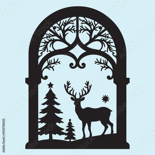 Christmas tree and deer  near window silhouette