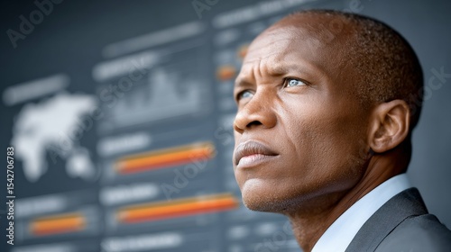 Strategic Vision: A focused businessman looks intently at data charts, showcasing his strategic thinking and sharp business acumen in a serious expression.