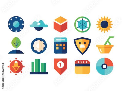 Collection of sixteen flat design icons isolated on white background
