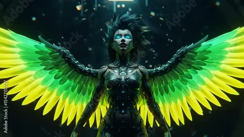 Futuristic warrior with vibrant wings stands in a high-tech environment, surrounded by digital effects