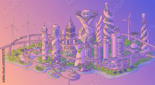 Futuristic Eco City Sustainable Urban Landscape with Elevated Transportation and Renewable Energy
