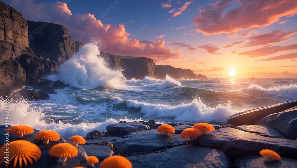 Fototapeta premium Ocean Wave Crashing on Rocky Coastline at Sunset with Orange Flora