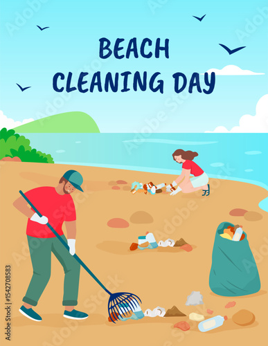 Volunteers picking up trash on beach with Beach Cleaning Day message. Ideal for eco campaigns, educational materials, or environmental awareness content. Vector art