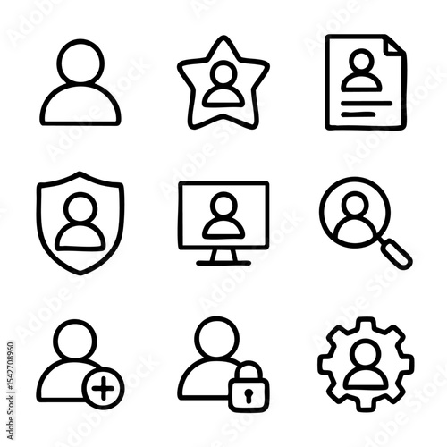 A set of doodle line icons showing user profiles, security, recruitment, privacy, and account management concepts
