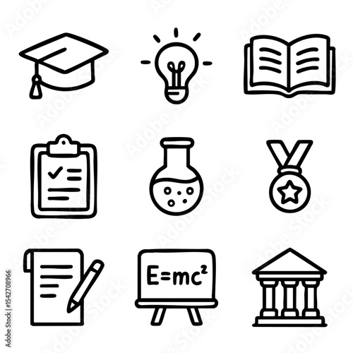 A set of doodle line icons representing education, learning, science, achievement, and academic subjects