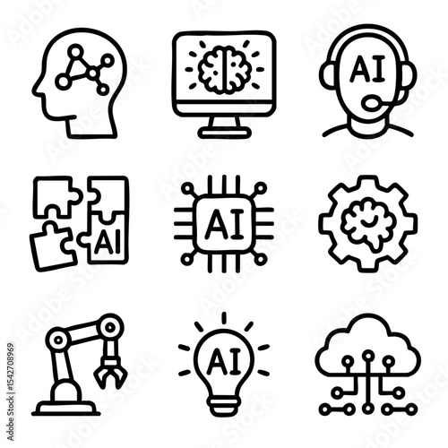 A set of doodle line icons featuring AI concepts, robotics, brain computing, automation, innovation, and data processing technology