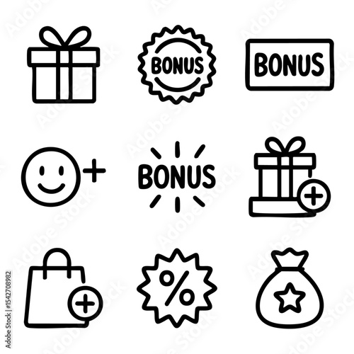 A set of doodle line icons showing bonuses, gifts, rewards, discounts, shopping benefits, and positive user incentives