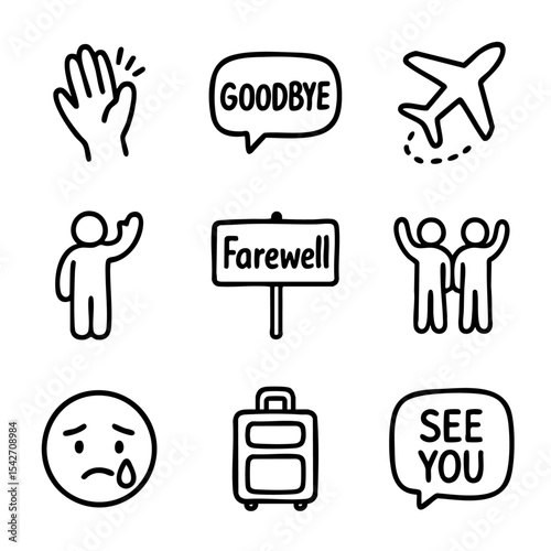 A set of doodle line icons expressing goodbye, farewell moments, emotional departure, travel, and saying see you again