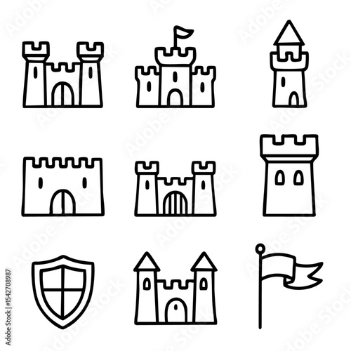 A set of doodle line icons illustrating castles, towers, fortresses, shields, and flags from medieval and fantasy themes