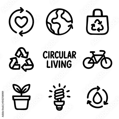 A set of doodle line icons promoting circular living, recycling, eco habits, energy saving, and sustainable environmental practices