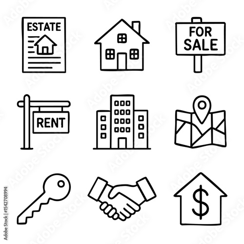A set of doodle line icons showing real estate concepts like buying, selling, renting, contracts, locations, and home ownership