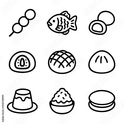 A set of doodle line icons showcasing Japanese sweets, mochi, daifuku, taiyaki, kakigori, dango, dorayaki, and traditional Asian desserts