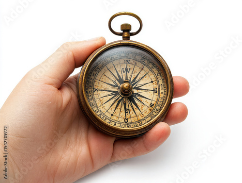 Brass Antique Compass Held in Hand Beige Background