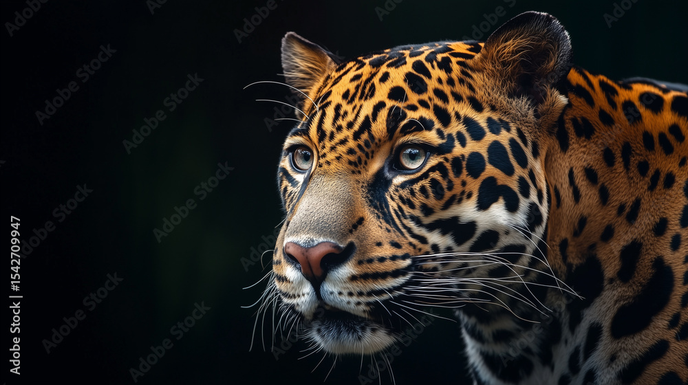 Obraz premium leopard on a black background. portrait of leopard with intense eyes.