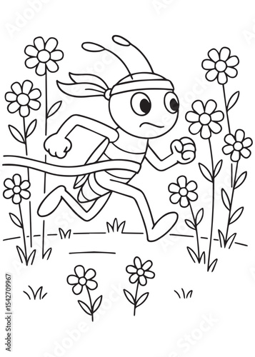 Coloring book grasshopper crossing the finish line amidst charming flowers