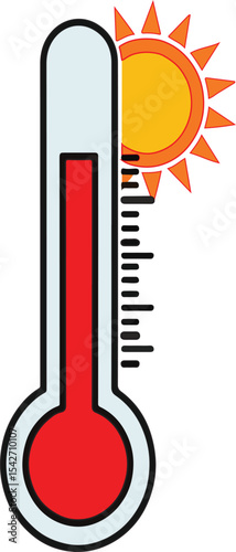 High temperature vector illustration with bright sun and rising thermometer, heatwave weather concept, summer climate change graphic, perfect for educational, forecast, infographic, and web design use