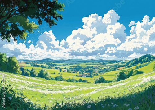 Sunny, idyllic valley with wildflowers, hills, and trees