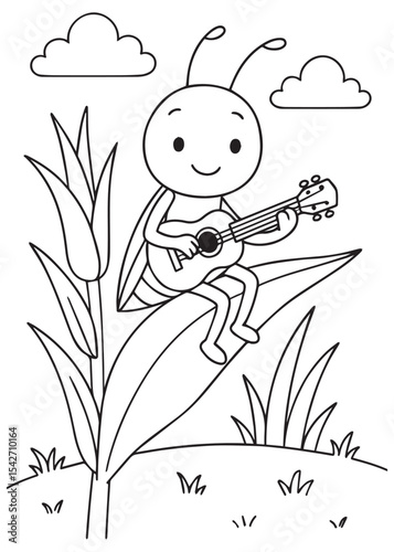 Coloring book  grasshopper strumming a tiny guitar on a leaf, a sweet and musical scene