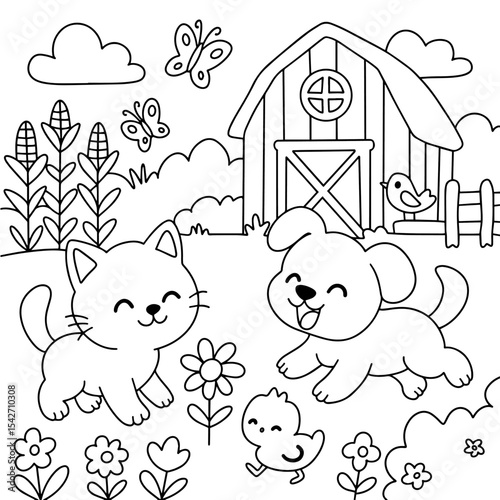 Dog and cat cute Farm coloring page.eps